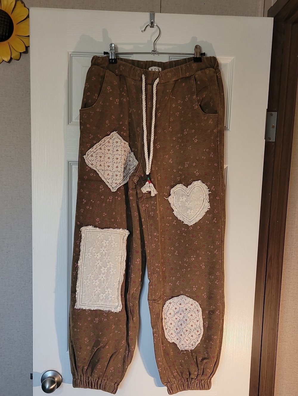 POL Brown Floral Patchwork Joggers with Lace Heart & Patches